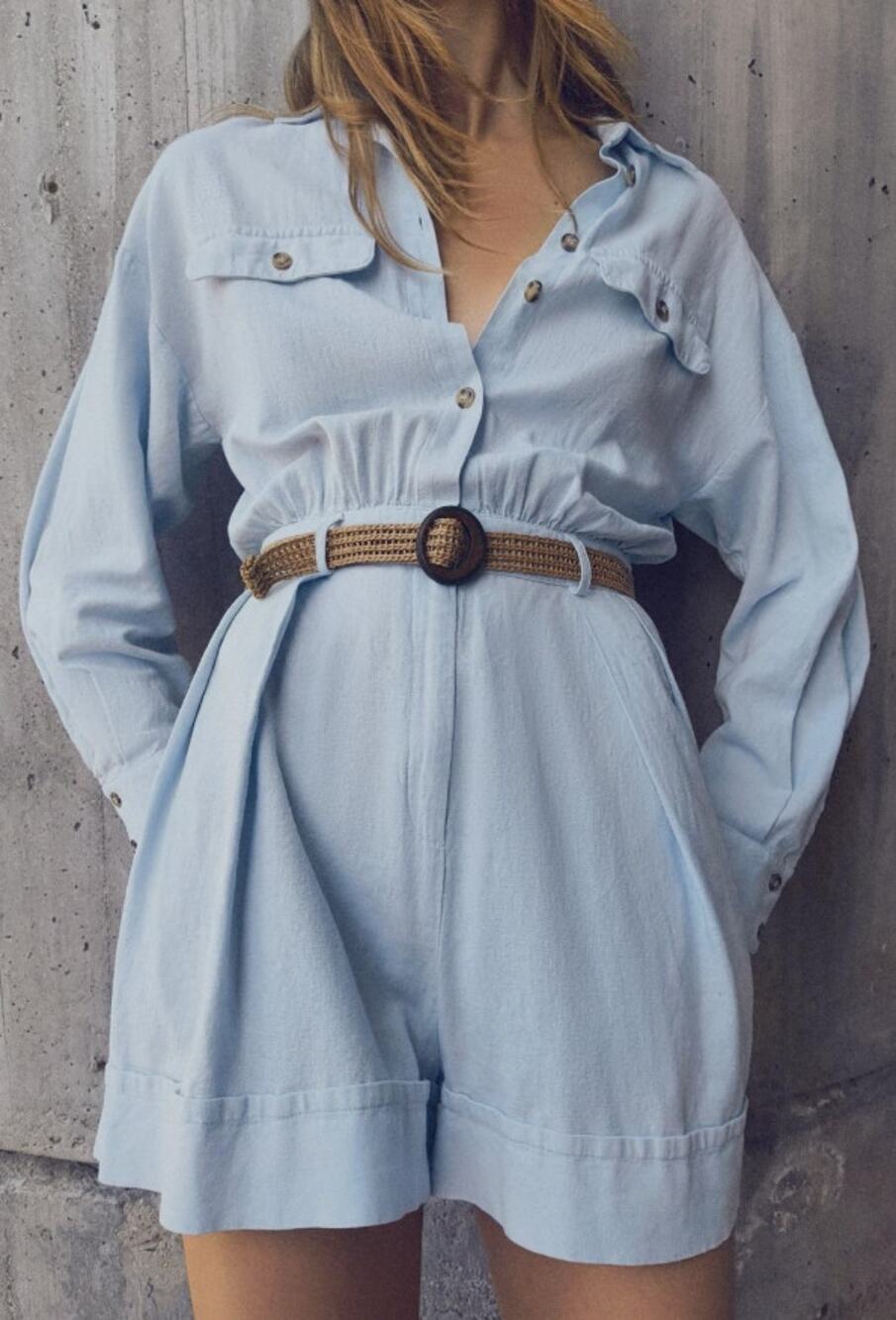 Zara Linen Blend Light Blue Belted Button Up Jumpsuit Shorts Romper Size Large